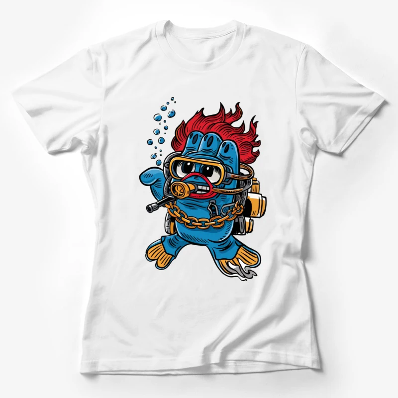 cartoon character scuba diver underwater creature blue monster red hair gold chain diving mask Female T-Shirt