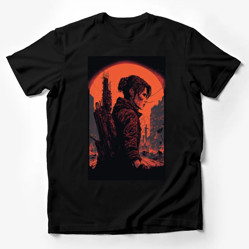 Cyberpunk dystopia sci-fi futuristic apocalyptic silhouette orange sunset urban landscape Male T-Shirt