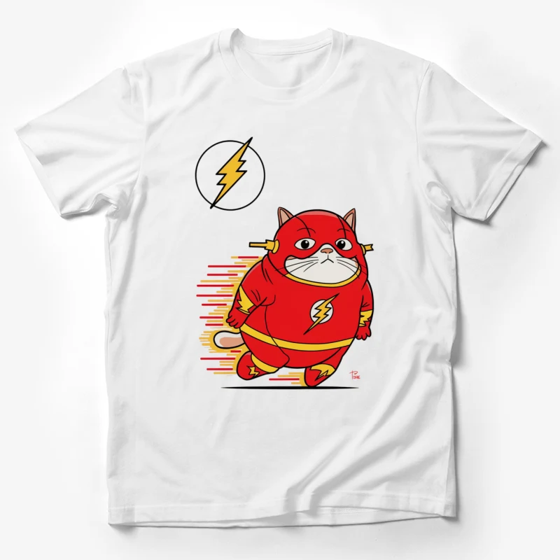 cat superhero Flash parody cartoon character comic art lightning bolt symbol red costume chubby c Male T-Shirt