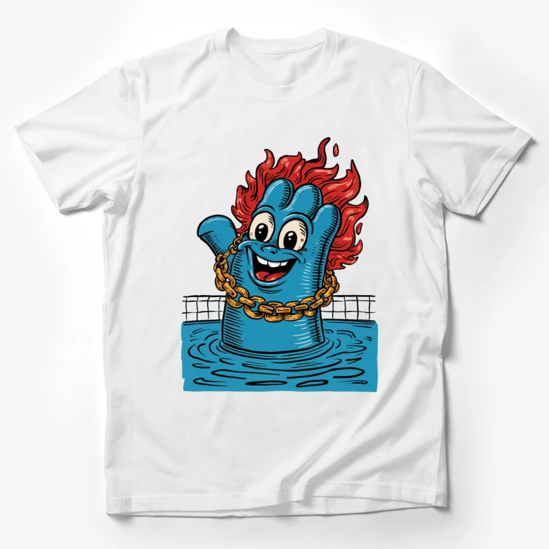 cartoon character blue creature red hair gold chain water smiling volleyball net comic style Male T-Shirt