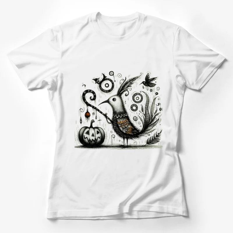 halloween surreal bird pumpkin illustration black and white whimsical gothic Female T-Shirt