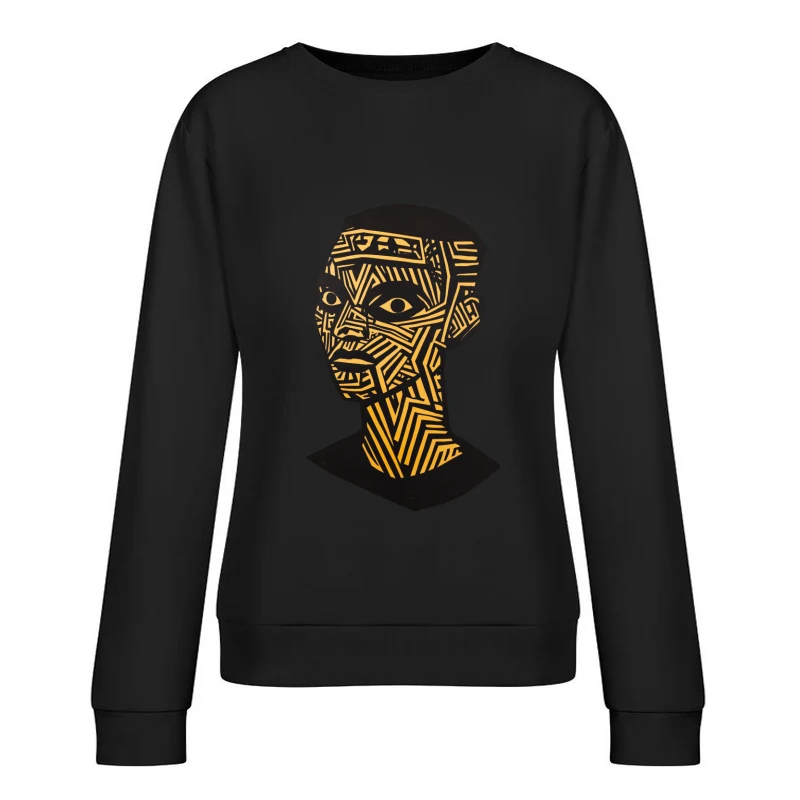 Geometric Tribal Face: Abstract Yellow and Black Modern Art Female Pullover Sweatshirt