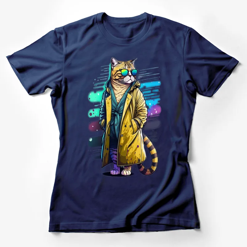 Cat sunglasses trench coat cool stylish anthropomorphic colorful illustration Female T-Shirt