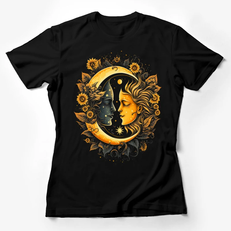 Sun and moon celestial art mystical sunflowers yin and yang decorative nature-inspired golden Female T-Shirt