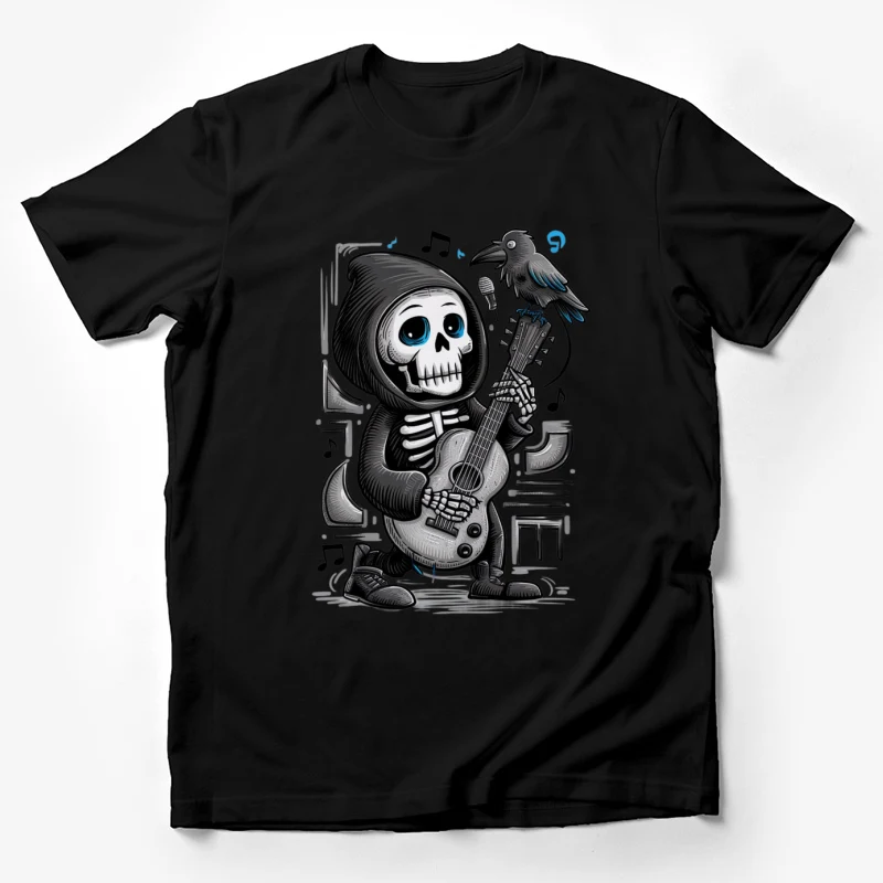 skeleton musician guitar player cartoon raven musical notes gothic art cute skull character halloween illustration Male T-Shirt