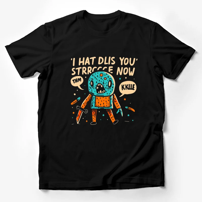 illustration cartoon character cute monster typography speech bubbles colorful whimsical hand-drawn style Male T-Shirt