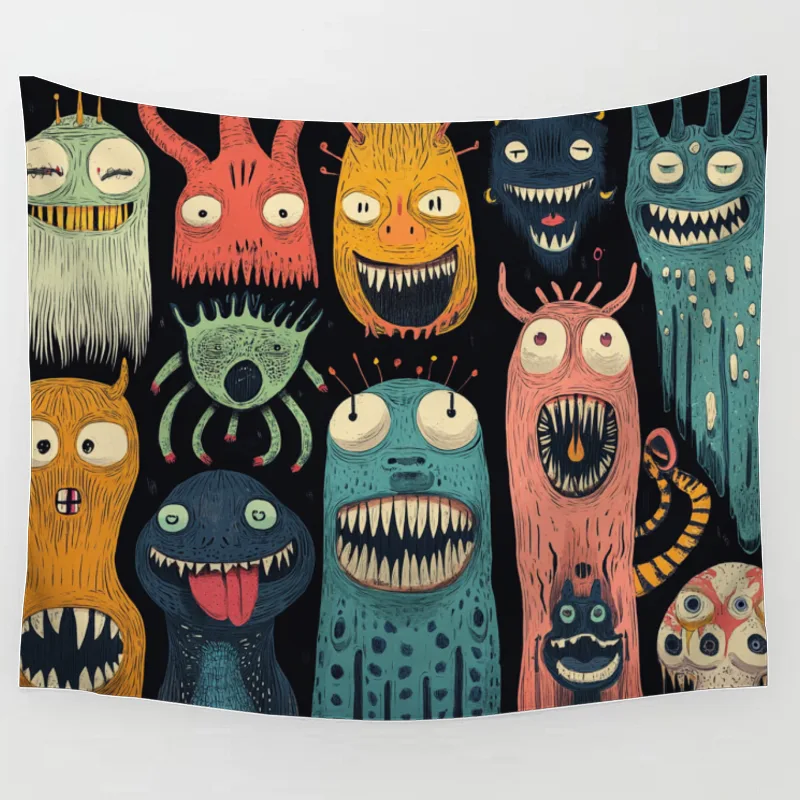 Whimsical Parade of Colorful Cartoon Monsters Tapestry
