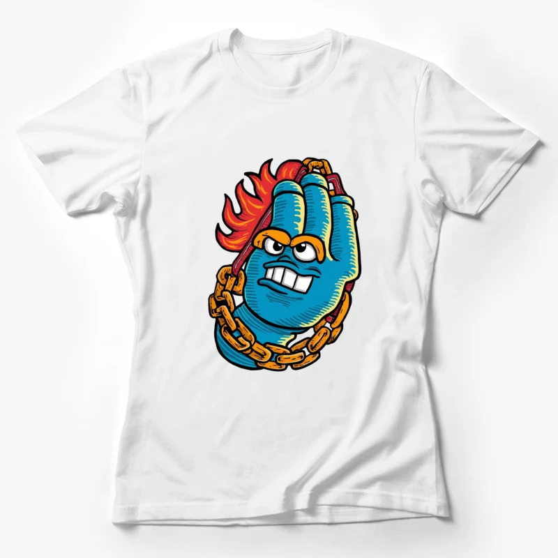 cartoon character hand gesture flame hair blue skin gold chain angry expression graffiti style masco Female T-Shirt