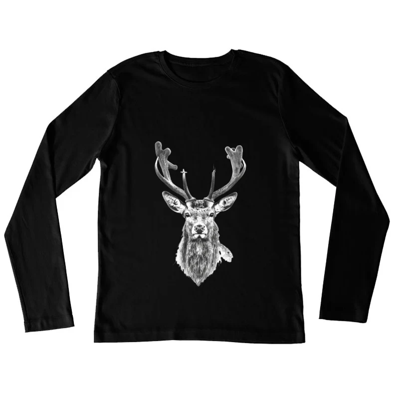 Majestic Deer Portrait: Wildlife Sketch in Black and White Female Long Sleeve T-Shirt