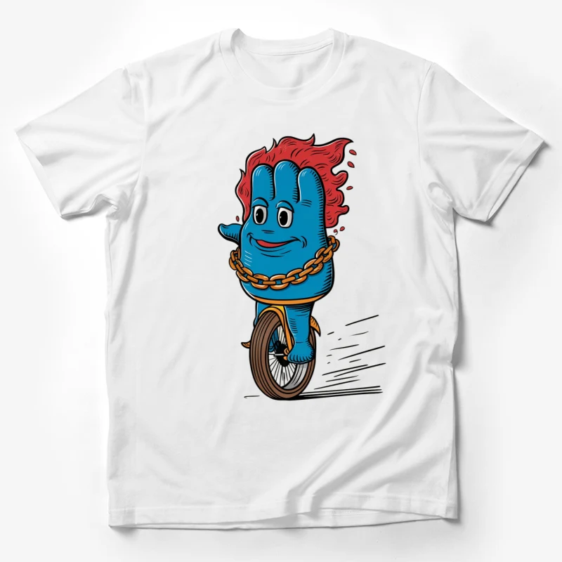 cartoon character blue creature unicycle red hair gold chain anthropomorphic illustration quirky Male T-Shirt