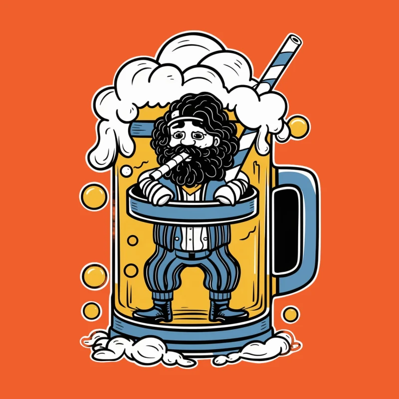 beer mug cartoon character bearded man foam bubbles straw illustration Male T-Shirt