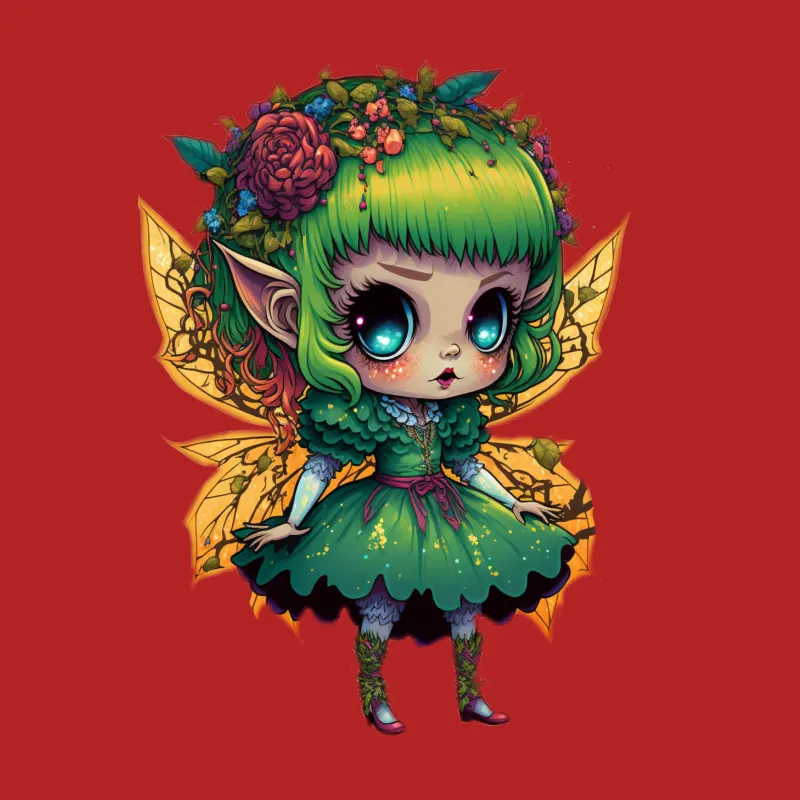 Fairy fantasy cartoon character big eyes green hair colorful cute whimsical Male T-Shirt