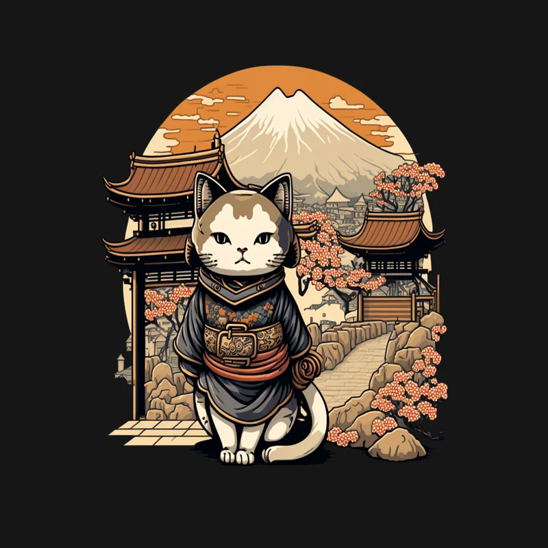 Cat Japan Mount Fuji traditional architecture kimono illustration Asian culture Male T-Shirt