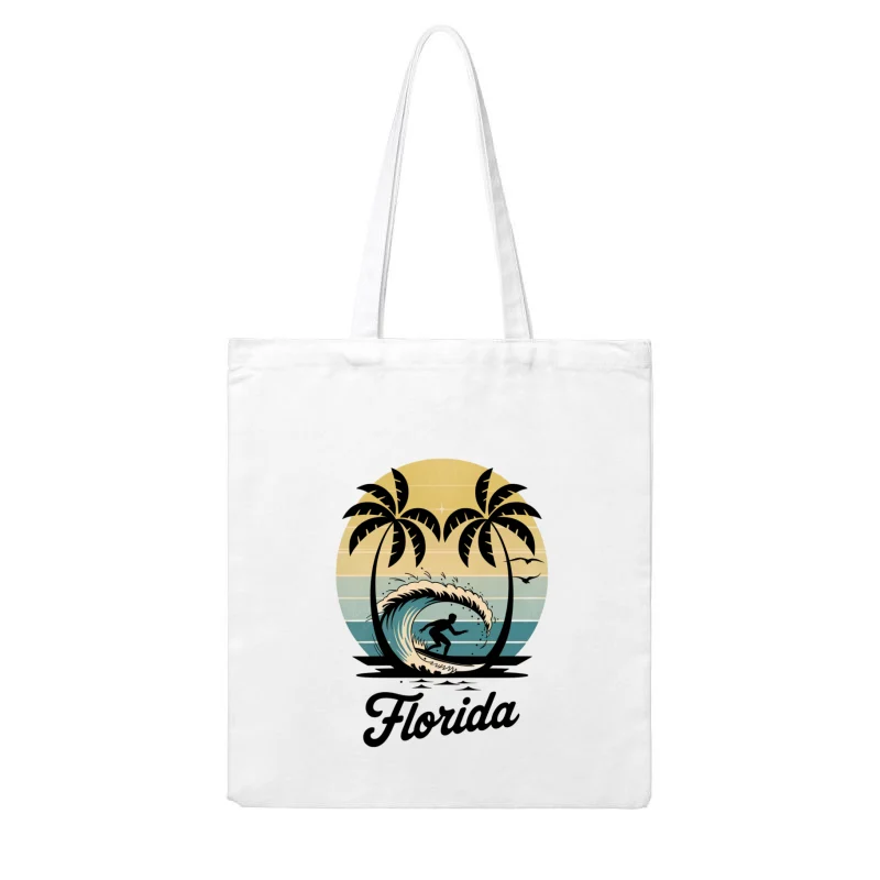 Retro Florida Beach Surfing Scene with Palm Trees at Sunset Cotton Tote Bag