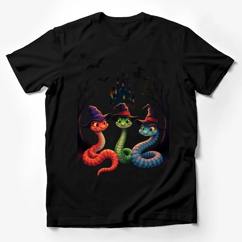 Halloween cartoon snakes witch hats spooky castle bats spider web witch on broomstick Male T-Shirt