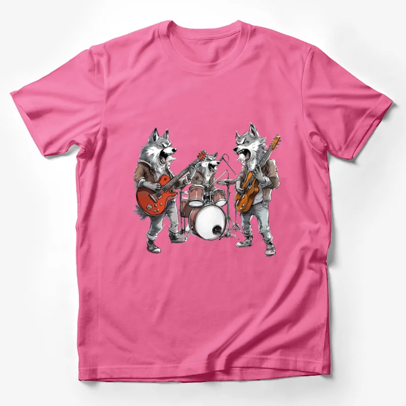 wolf band anthropomorphic animals rock music guitars drums cartoon illustration animal musicians Male T-Shirt