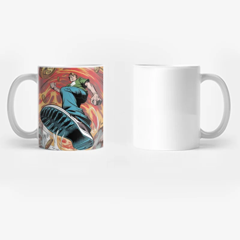 Dynamic Superhero Leaps Through Swirling Coins Coffee Mug