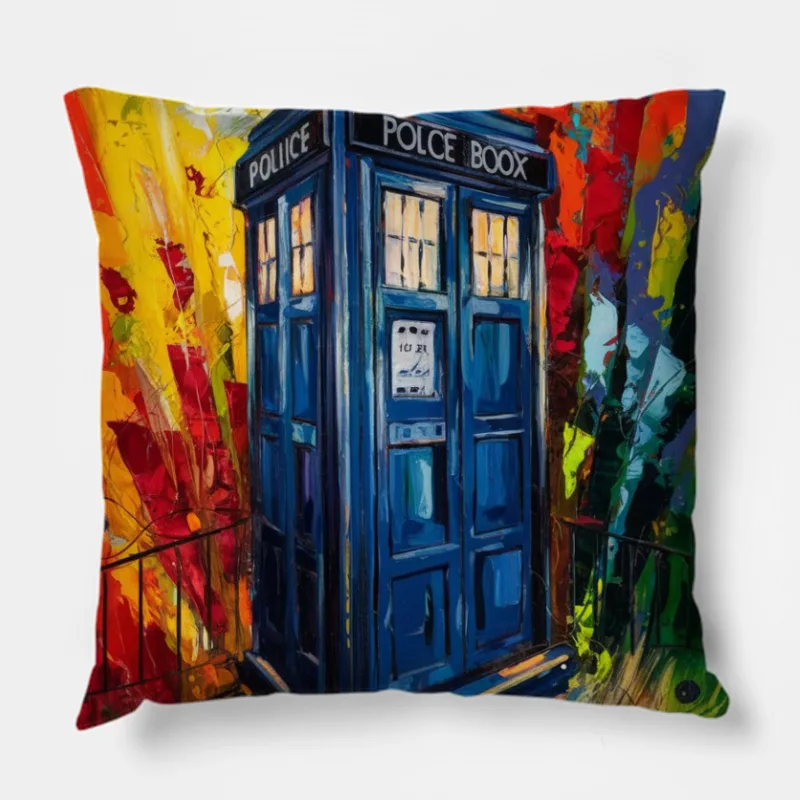 Vibrant TARDIS: Doctor Who's Time Machine in Abstract Art Throw Pillow