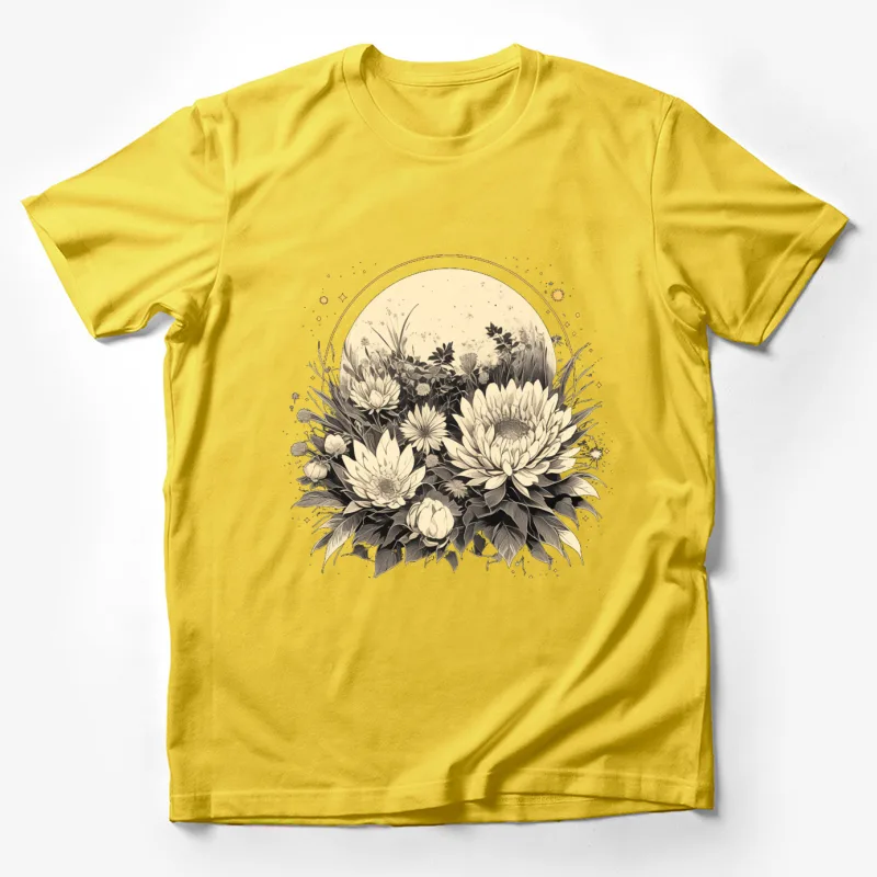 floral illustration botanical art monochrome sunflowers nature circular composition vintage style Male T-Shirt