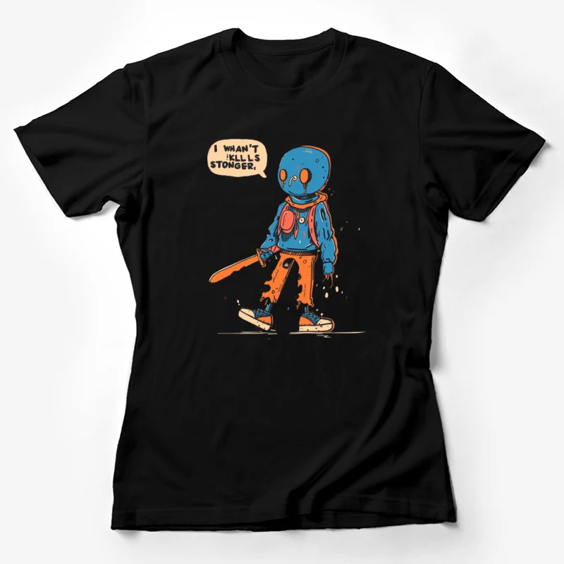 cartoon character illustration blue alien sword speech bubble comic art quirky Female T-Shirt