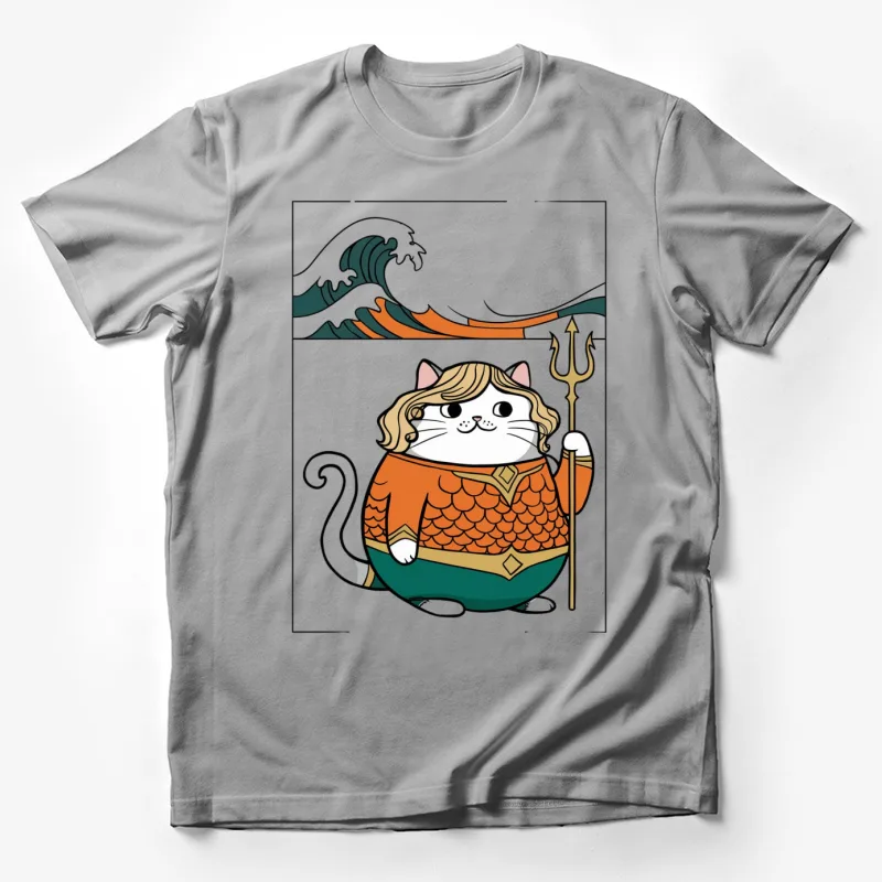 cat illustration Aquaman parody cartoon character ocean waves trident cute animal mythical creature comic ar Male T-Shirt