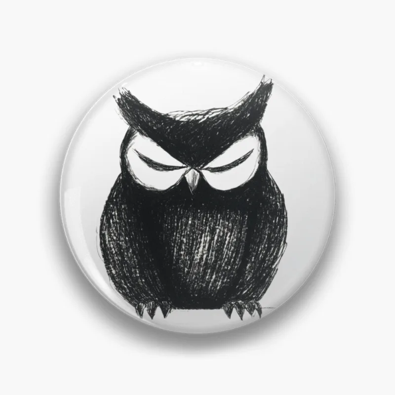 Angry Owl Sketch: Black and White Cartoon Illustration Pin