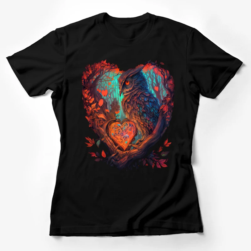 Owl heart shape autumn leaves vibrant colors nature artwork fantasy illustration Female T-Shirt