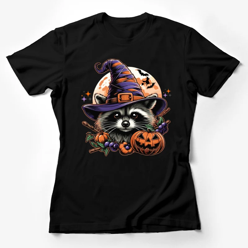 Halloween raccoon witch hat pumpkin bats autumn cartoon holiday Female T-Shirt