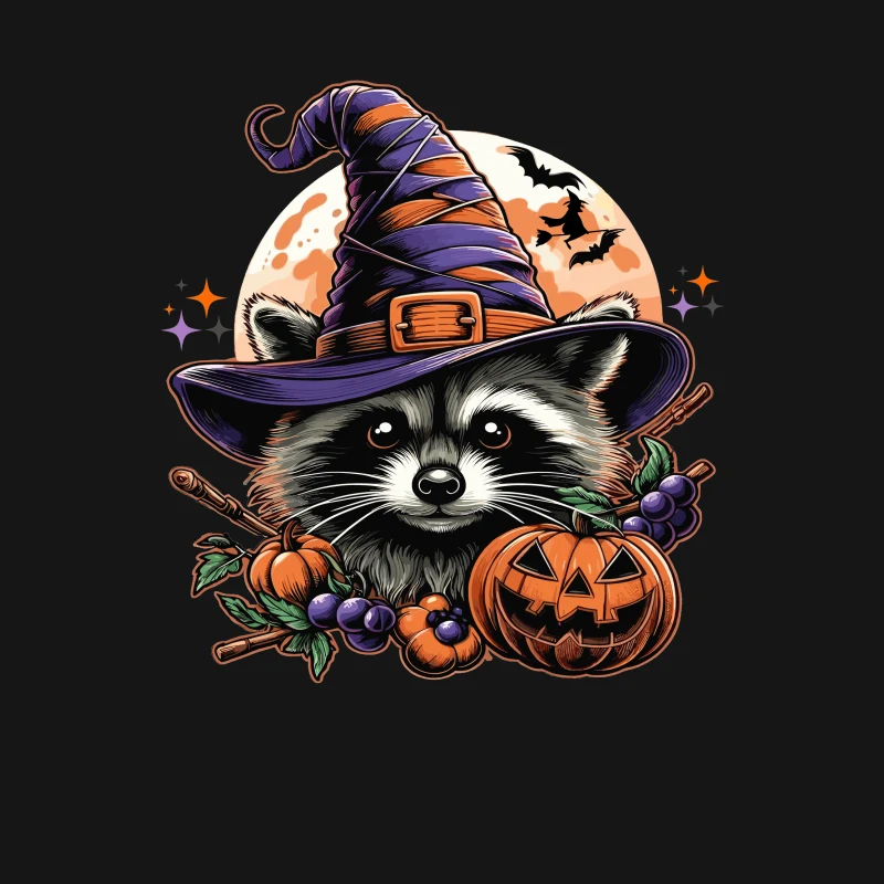 Halloween raccoon witch hat pumpkin bats autumn cartoon holiday Female T-Shirt