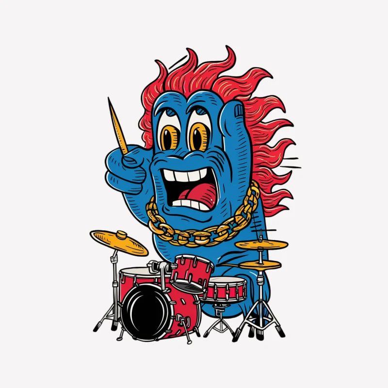 cartoon character drummer musical instrument blue monster red hair gold chain rock music Male T-Shirt