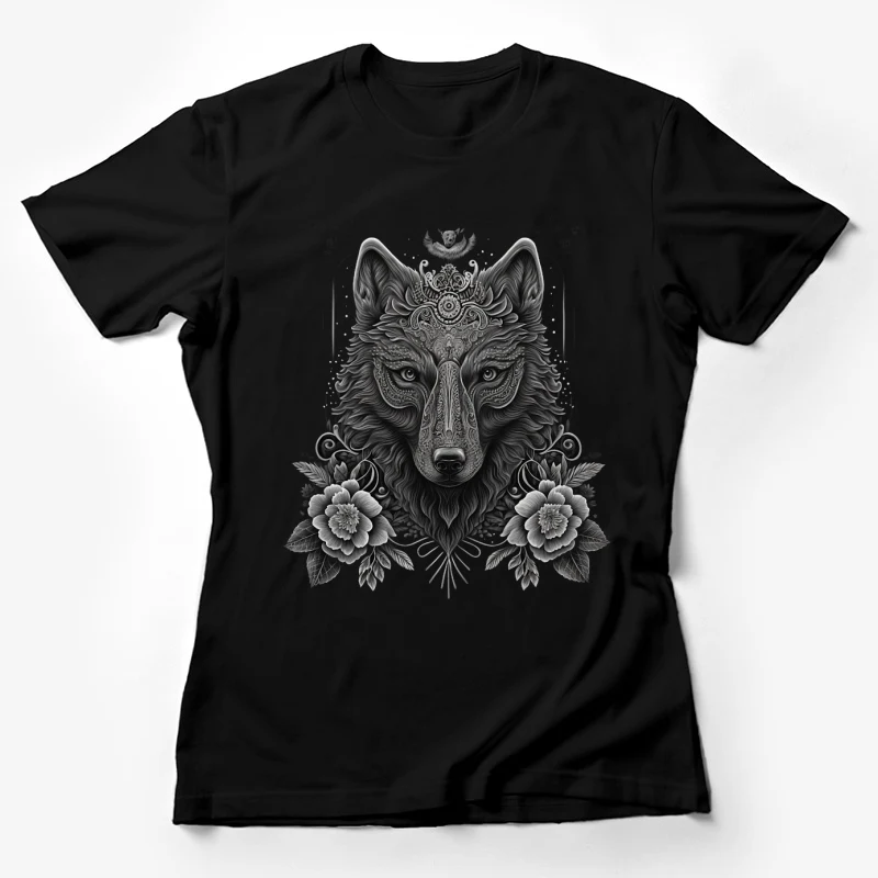 Wolf illustration floral ornate black and white detailed Female T-Shirt