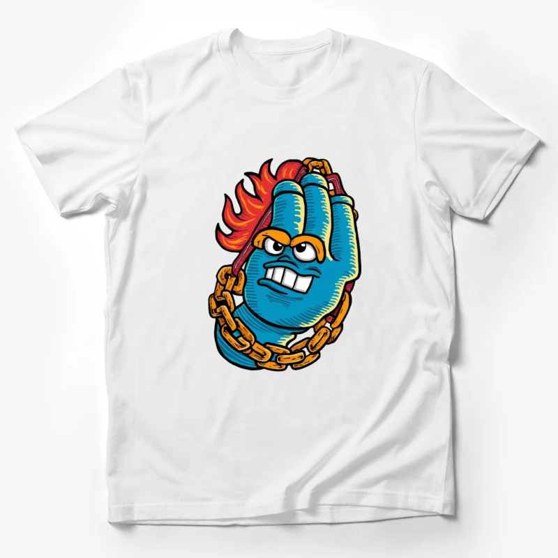 cartoon character hand gesture flame hair blue skin gold chain angry expression graffiti style masco Male T-Shirt