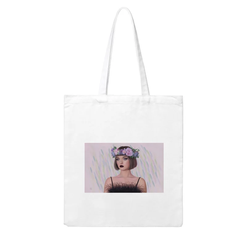 Ethereal Portrait: Woman with Floral Crown and Feathered Fashion Cotton Tote Bag