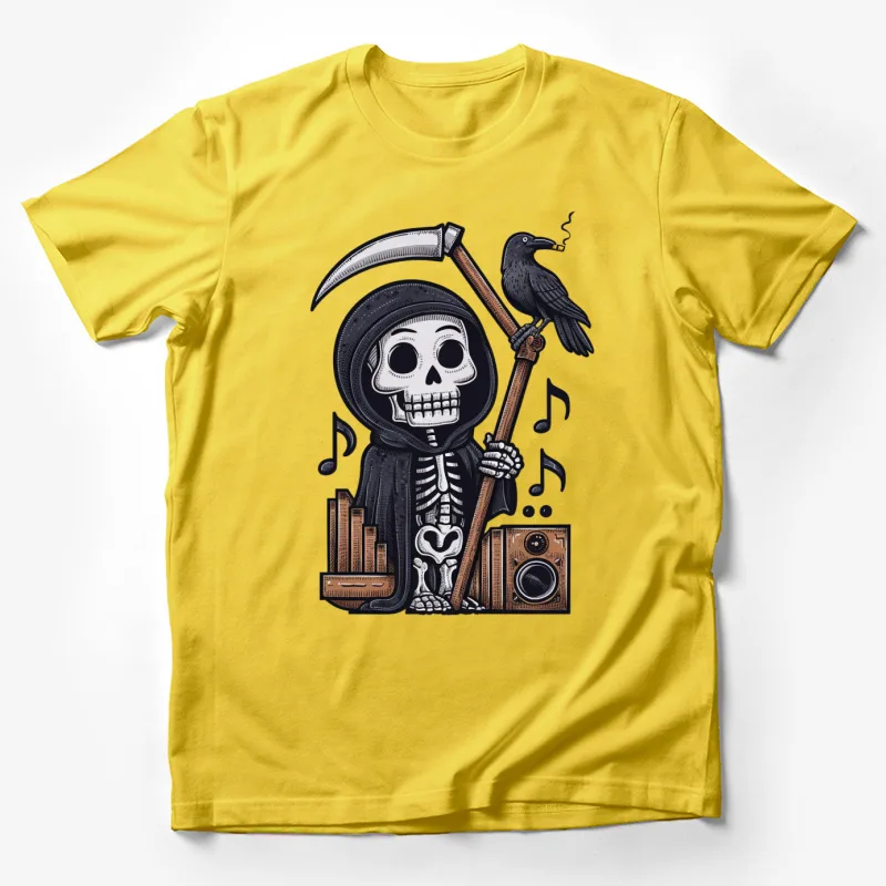 rim reaper skeleton raven scythe music notes speaker cartoon style illustration Male T-Shirt