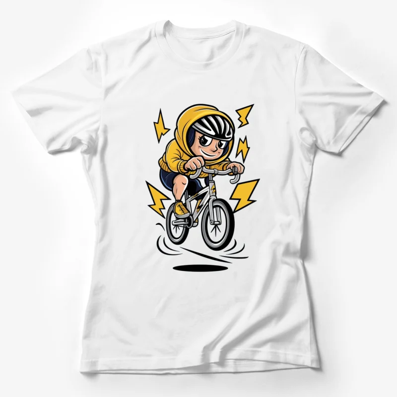 cartoon character cyclist bicycle yellow hoodie lightning bolts action speed animated style Female T-Shirt