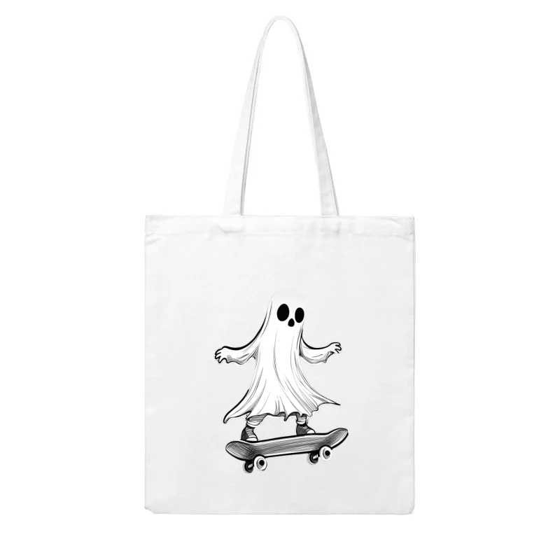 Cute Cartoon Ghost Skateboarding: A Spooky Halloween Illustration Cotton Tote Bag