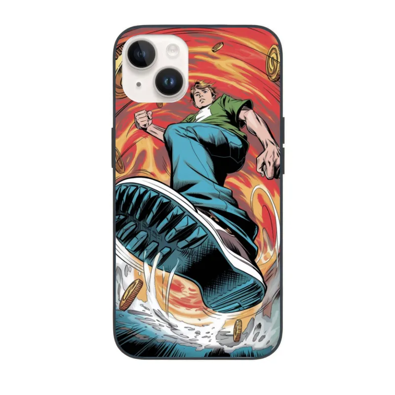 Dynamic Superhero Leaps Through Swirling Coins iPhone Case