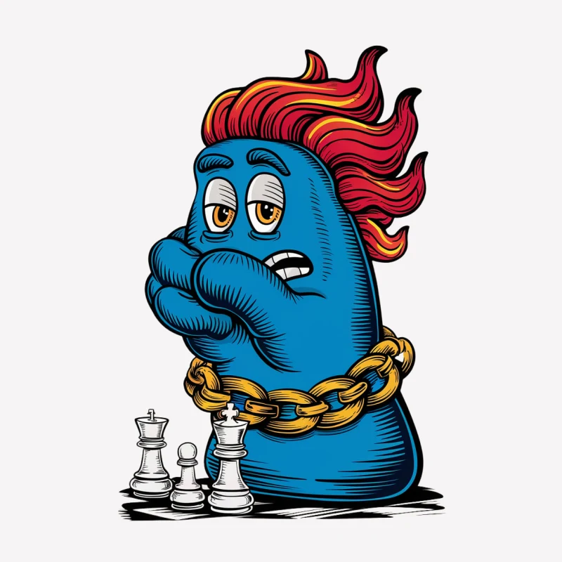 cartoon character blue monster flame hair gold chain chess pieces illustration masco Male T-Shirt