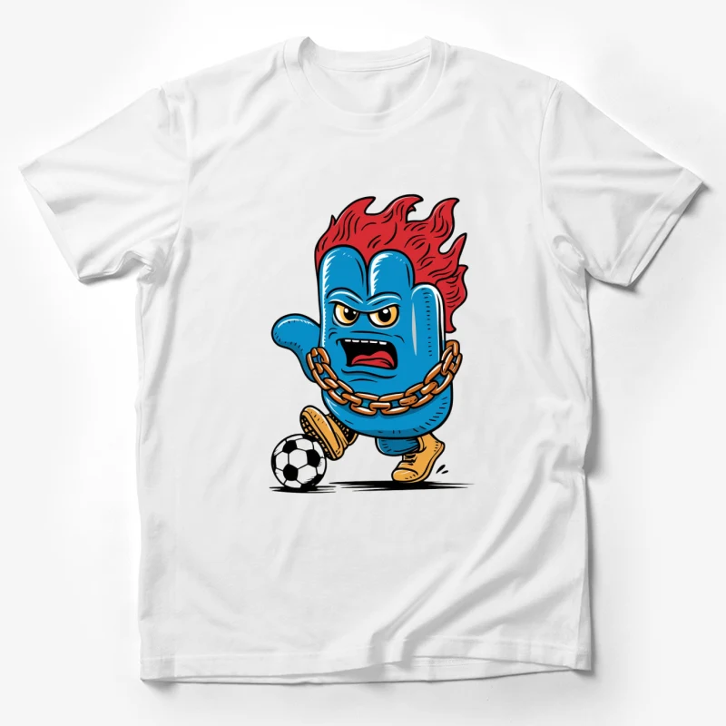 cartoon character blue creature fire hair soccer ball gold chain angry expression sports illustration Male T-Shirt