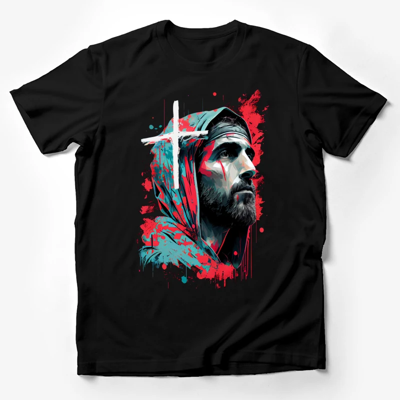 Jesus portrait abstract splash colorful red and blue Male T-Shirt