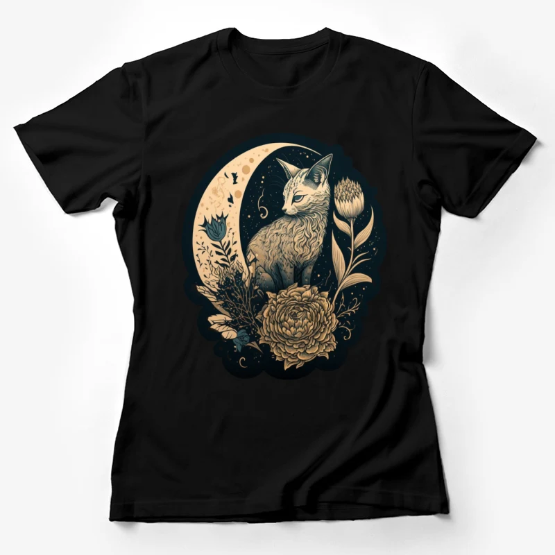 Cat moon flowers nature fantasy illustration art night Female T-Shirt