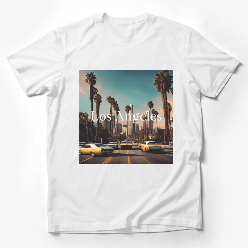 Los Angeles cityscape palm trees vintage cars urban scenery retro aesthetic skyline Male T-Shirt