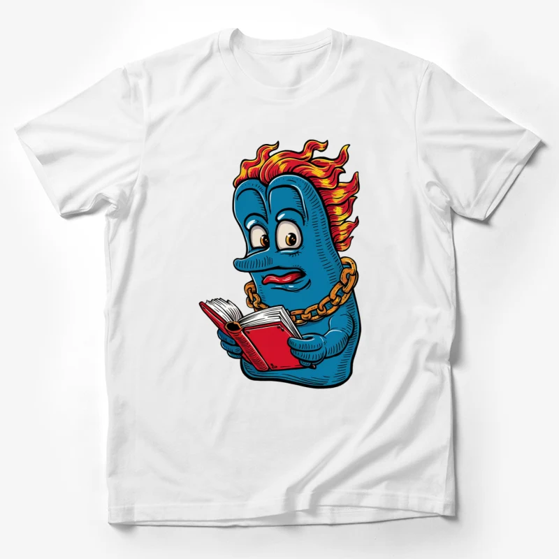 cartoon character blue creature reading book flaming hair gold chain expressive eyes illustration retro style Male T-Shirt