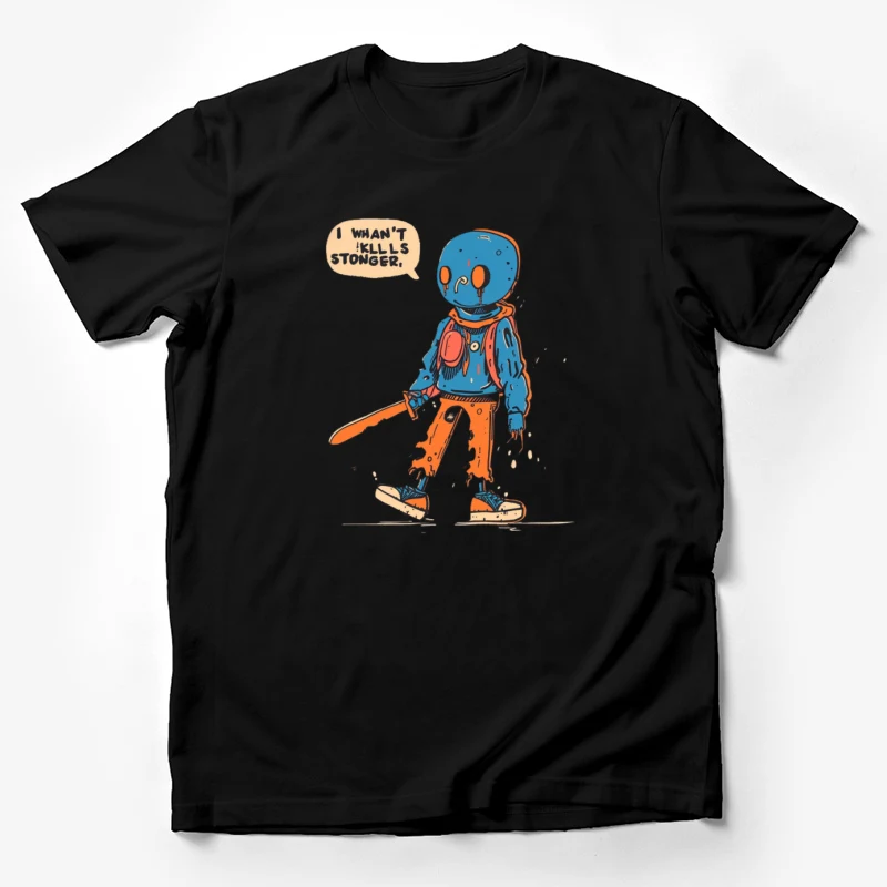 cartoon character illustration blue alien sword speech bubble comic art quirky Male T-Shirt