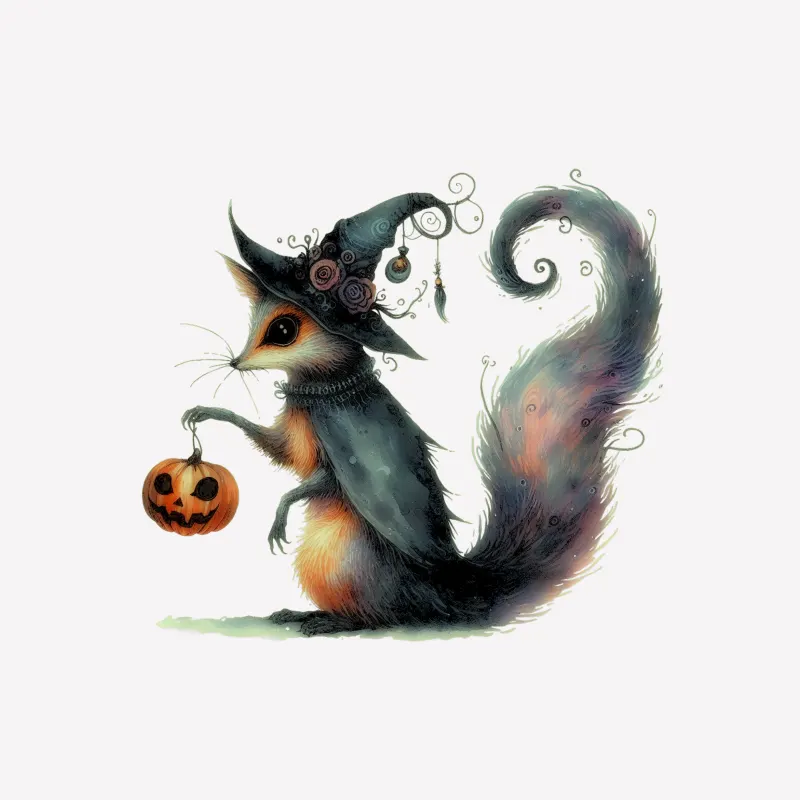 Halloween squirrel witch hat pumpkin whimsical illustration fantasy Female T-Shirt