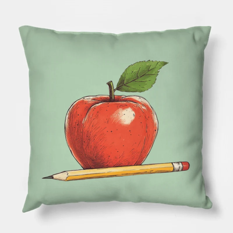Educational Still Life: Apple and Pencil Illustration Throw Pillow