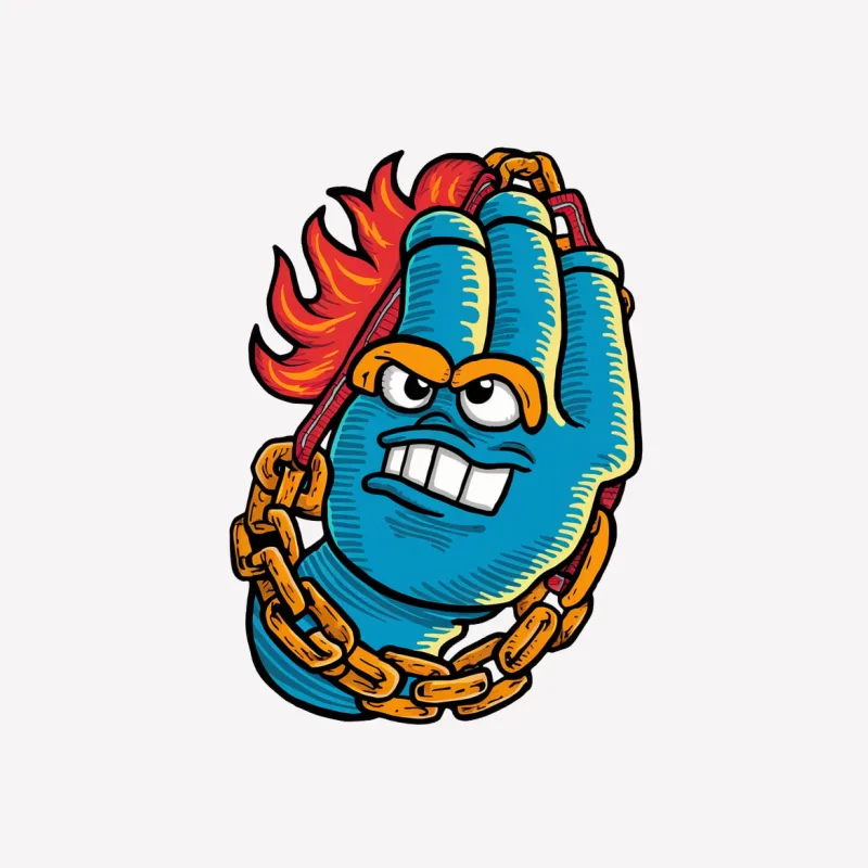 cartoon character hand gesture flame hair blue skin gold chain angry expression graffiti style masco Female T-Shirt