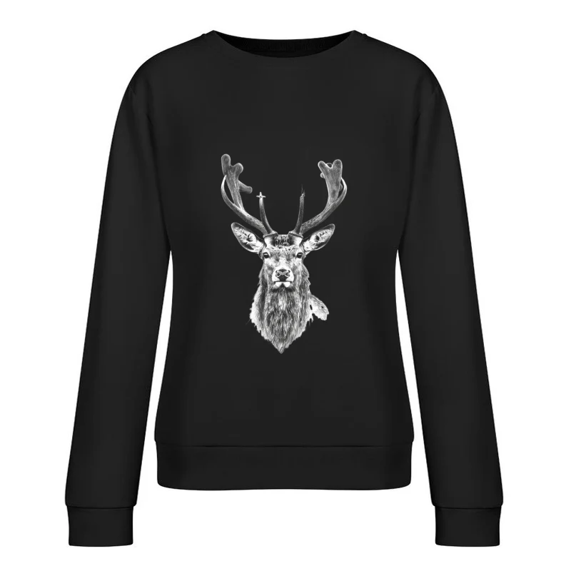 Majestic Deer Portrait: Wildlife Sketch in Black and White Female Pullover Sweatshirt