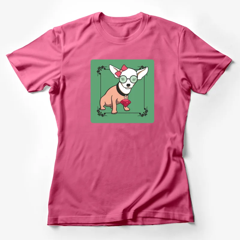 chihuahua cartoon glasses bow diamond collar green background cute dog stylized Female T-Shirt