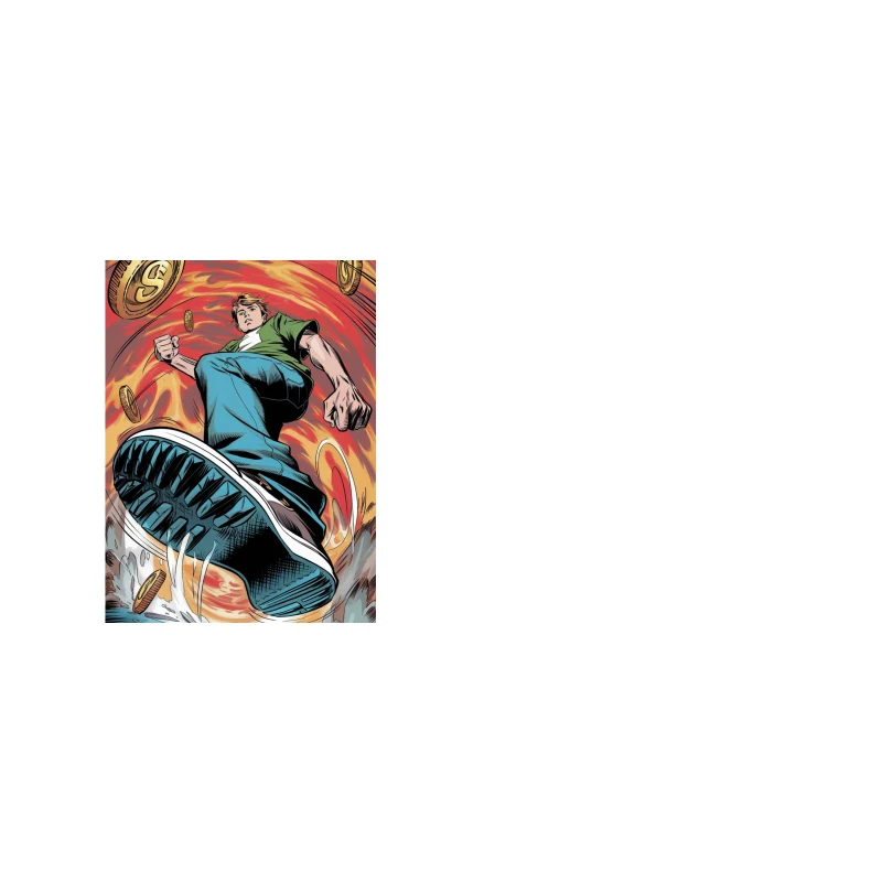 Dynamic Superhero Leaps Through Swirling Coins Coffee Mug